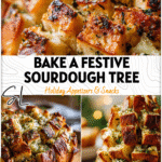 Golden garlic herb sourdough pull-apart tree made from roasted garlic sourdough bread shaped like a holiday tree